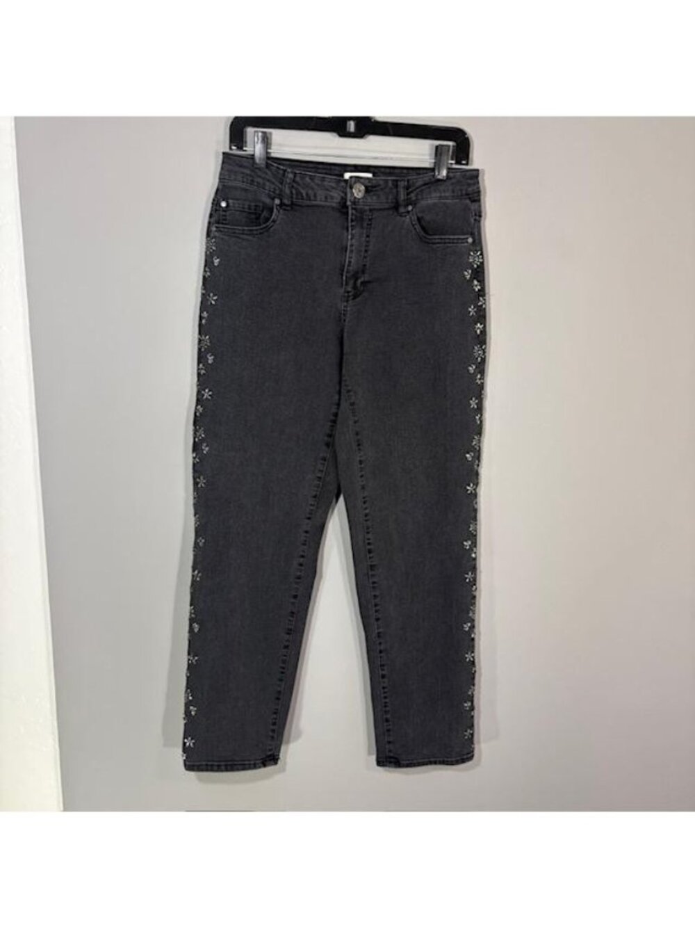 Camila Coelho Jeans Womens 8 Charcoal Wash Skinny Rhinestone Floral 30x30 Denim